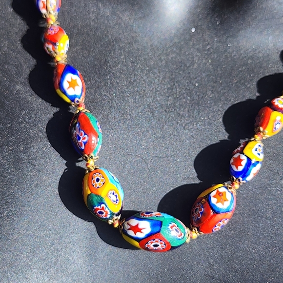 Art glass bead necklace Murano millefiori fashion jewelry yellow blue - Picture 4 of 5